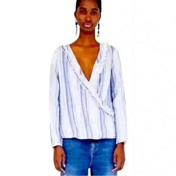 Zara Blue and White Striped Lightweight Cotton Faux Wrap Ruffle Blouse - Picture 1 of 10